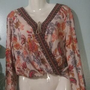 - RED boho cropped faux wrap top